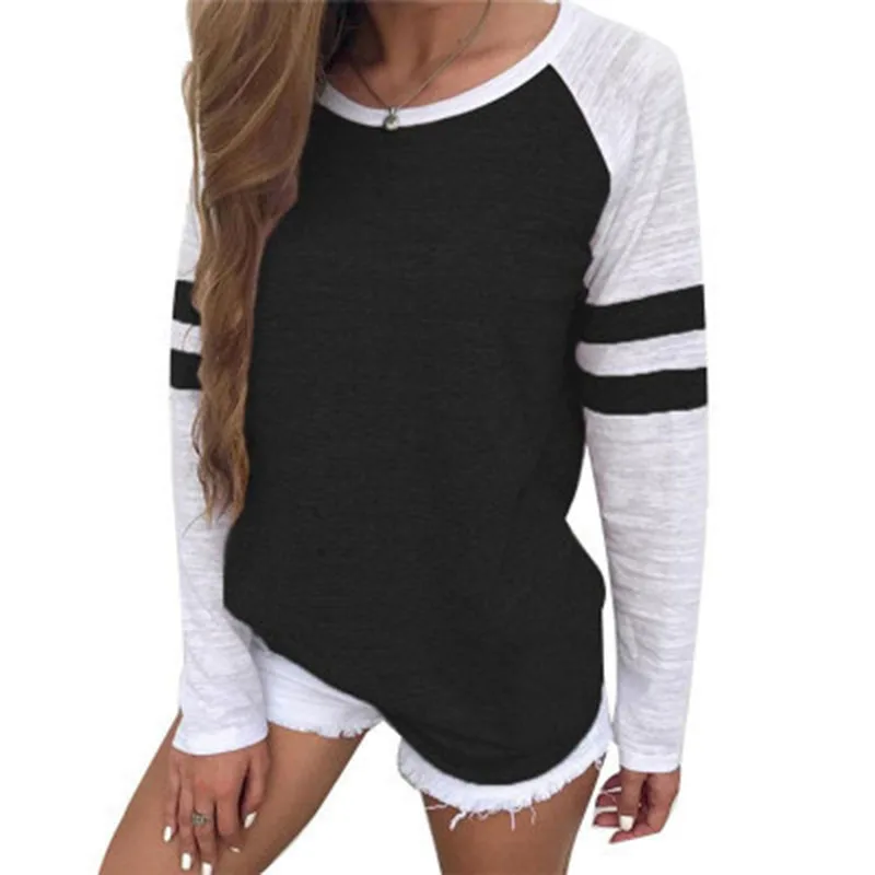 Fashionable new summer contrasting striped patchwork long sleeved T-shirt with round neck and contrasting color top for women