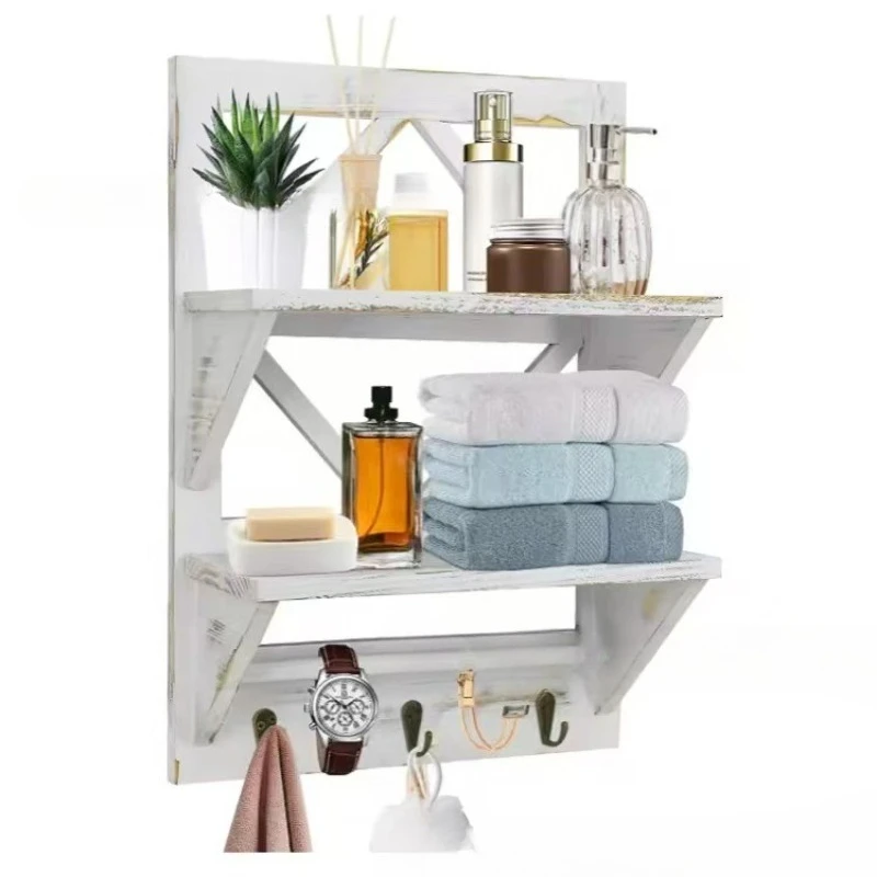 White solid wood storage rack, bathroom wall toiletries, wooden shelves, multi-layer wooden storage racks