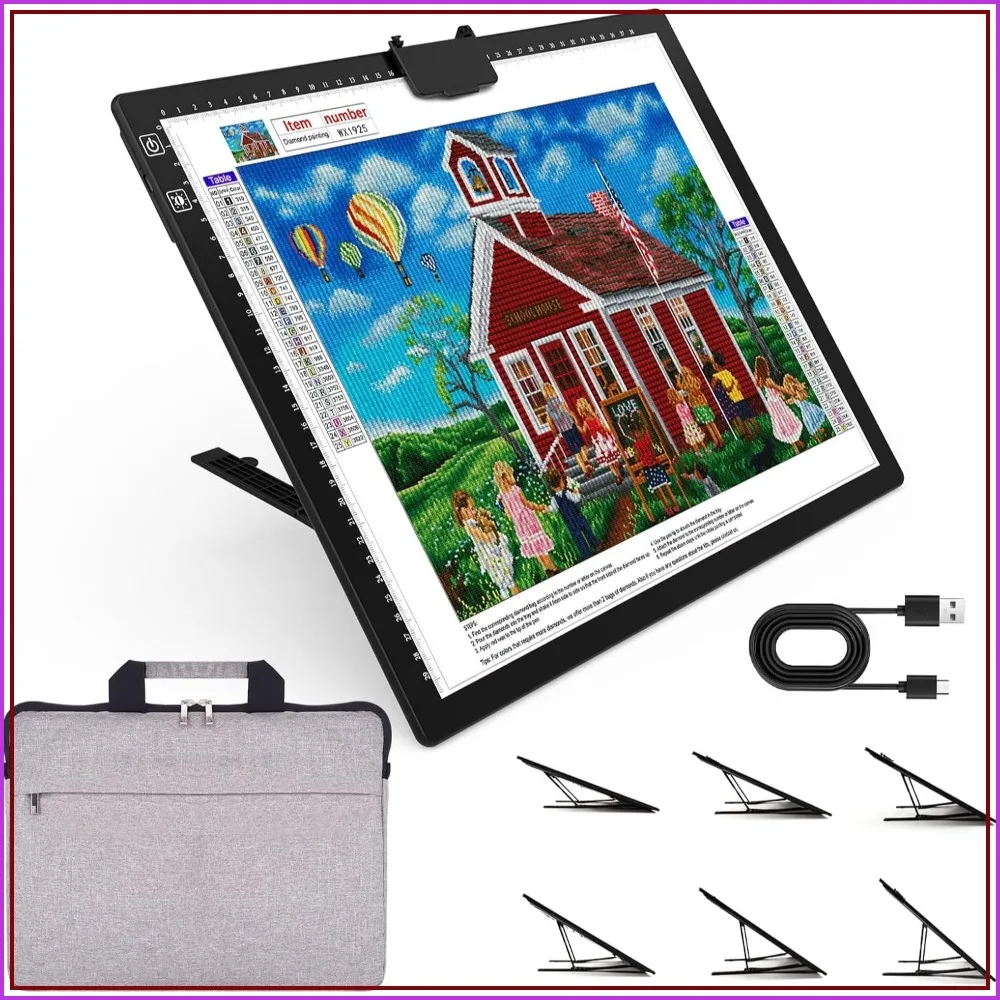 

Rechargeable A3 Light Pad for Diamond Painting with Carry Bag, Foldable Stand & Top Clip, 3 Colors Stepless 6-Level Brightness, Wireless LED Tracing Box