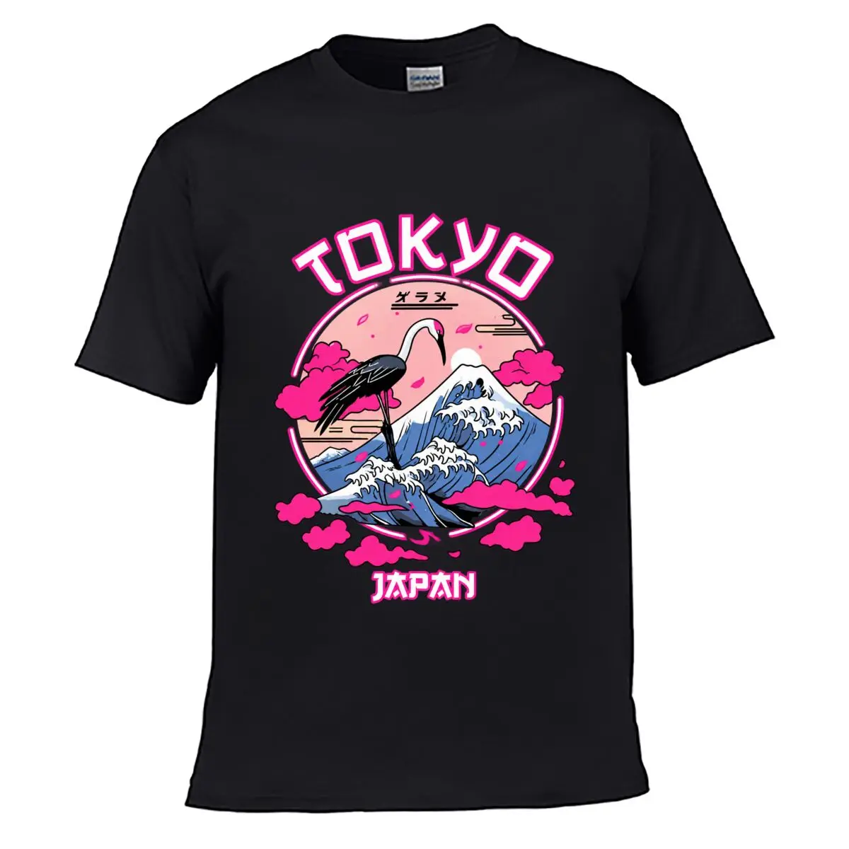 Tokyo Japan Crane Mount Fuji Wave Cherry Blossom Solid Washed Vintage Tee Distressed Loose