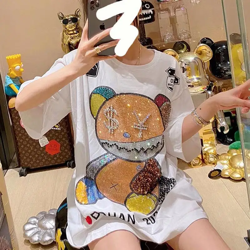 Oversized Tees Dress for Women New Summer Fashion Sparkling Diamond Short Sleeve Mid-long T-shirt Large Size Pullover Cotton Top