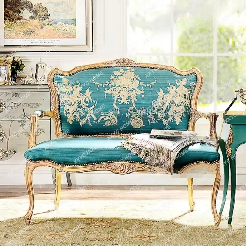XXFurniture for small-sized apartment carving flower double sofa chair  luxury fabric sofa hotel clubhouse villa furniture