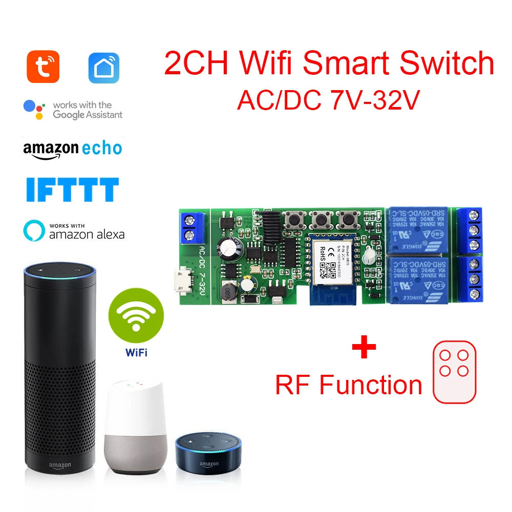 Tuya 2 Ch Wifi Smart Home DC 12V 24V 32V 110V 220V Motor Curtain Switch RF 433 Module Relay Work With Alexa Voice Remote Control