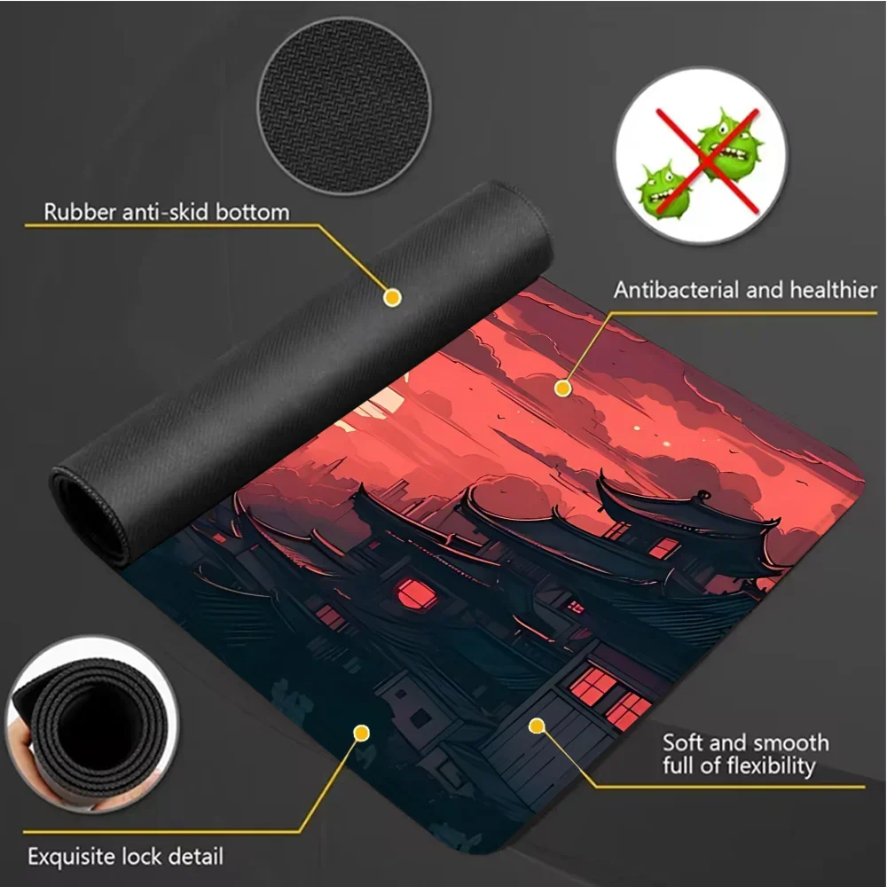 Tapete de mesa com padrão de pôr do sol, design artístico, grande, mouse pad para jogos, acessórios de escritório com base de borracha antiderrapante, borda costurada