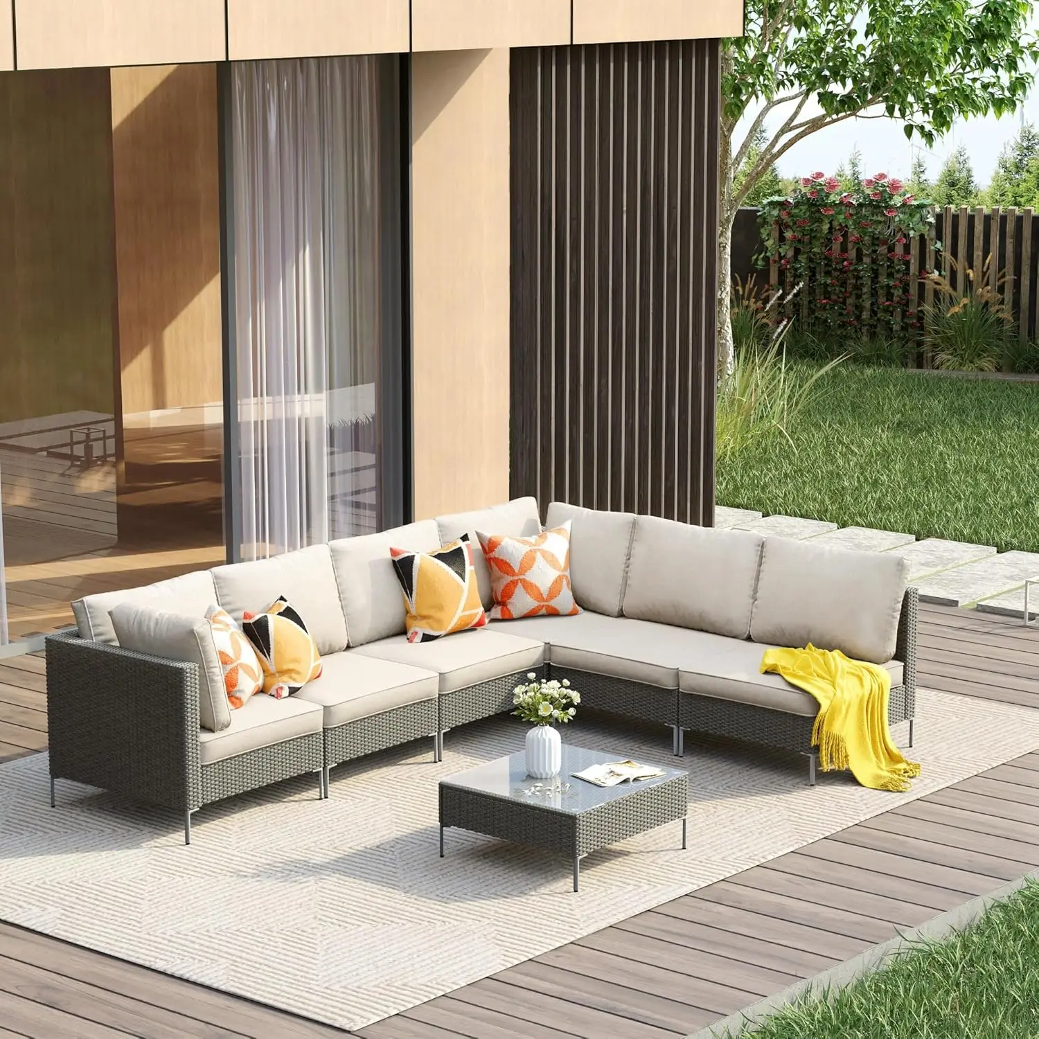 

3/5/7 Pieces Patio Conversation Set, Cushioned Outdoor Furniture Set ,Wicker Outdoor Sectional Sofa Set with Glass-top Table