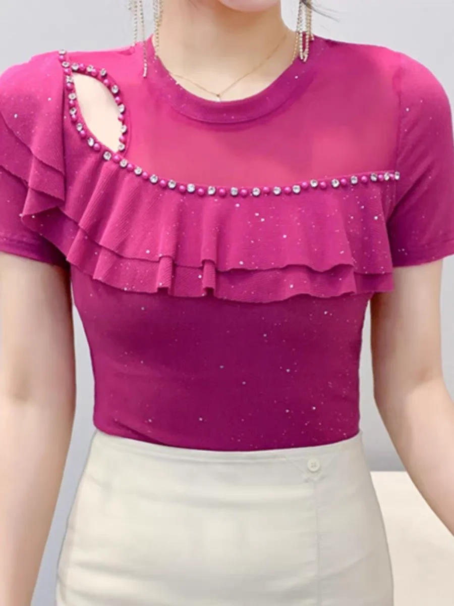 Women's Elegant Beaded Ruffle Round Neck T-Shirt Slim Fit Short Sleeve T Shirts Chic Spring Summer Floral Trim Top