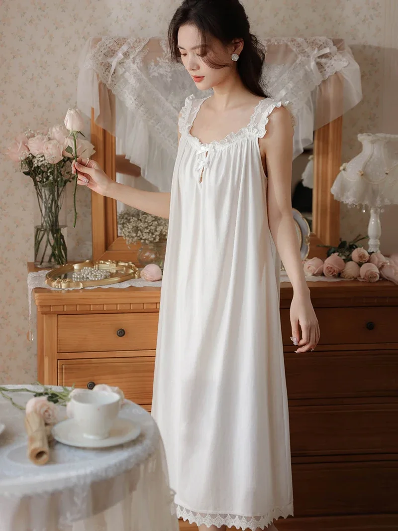 Women White Summer Cotton Sleeveless Night Dress Long Nightdress Sweet Lace Peignoir Victorian Nightgowns Princess Sleepwear