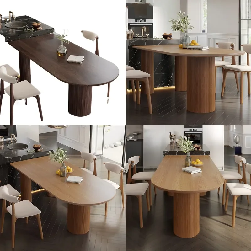 for French Oval Island Mid Ancient Style Solid Wood Dining Table and Chairs Set Walnut Color Multi Person Home Restaurant
