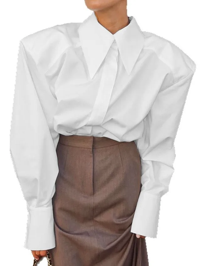 طية صدر السترة بأزرار ضيقة للنساء، مجموعة صيفية عصرية واسعة الكتف كاجوال Sle Long Sve irt للسيدات