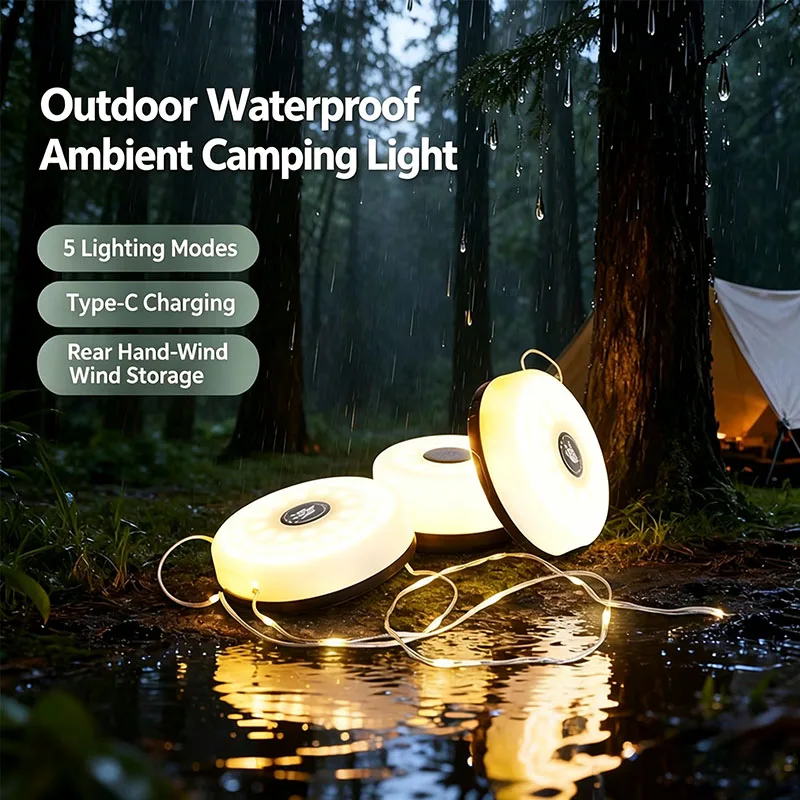 Retractable Camping String Lights 10m Type-C Rechargeable 2600mAh Portable Waterproof Tent Light for RV Garden Patio
