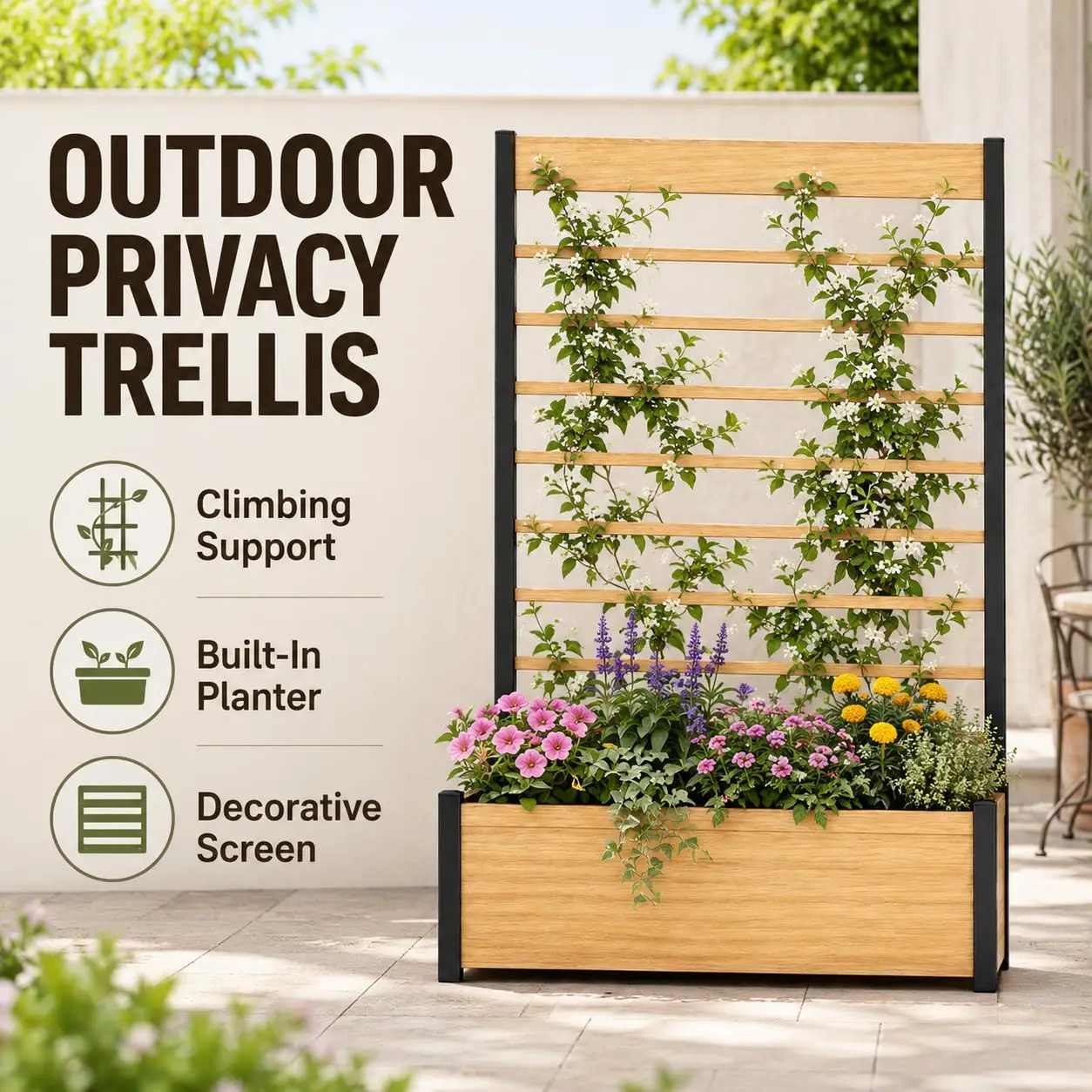 Solid Cedar Wood Privacy Screen With Planter Box Natural Trellis For Climbing Vines Flowers Herbs Outdoor Vertical Garden For Patio Balcony Deck Yard