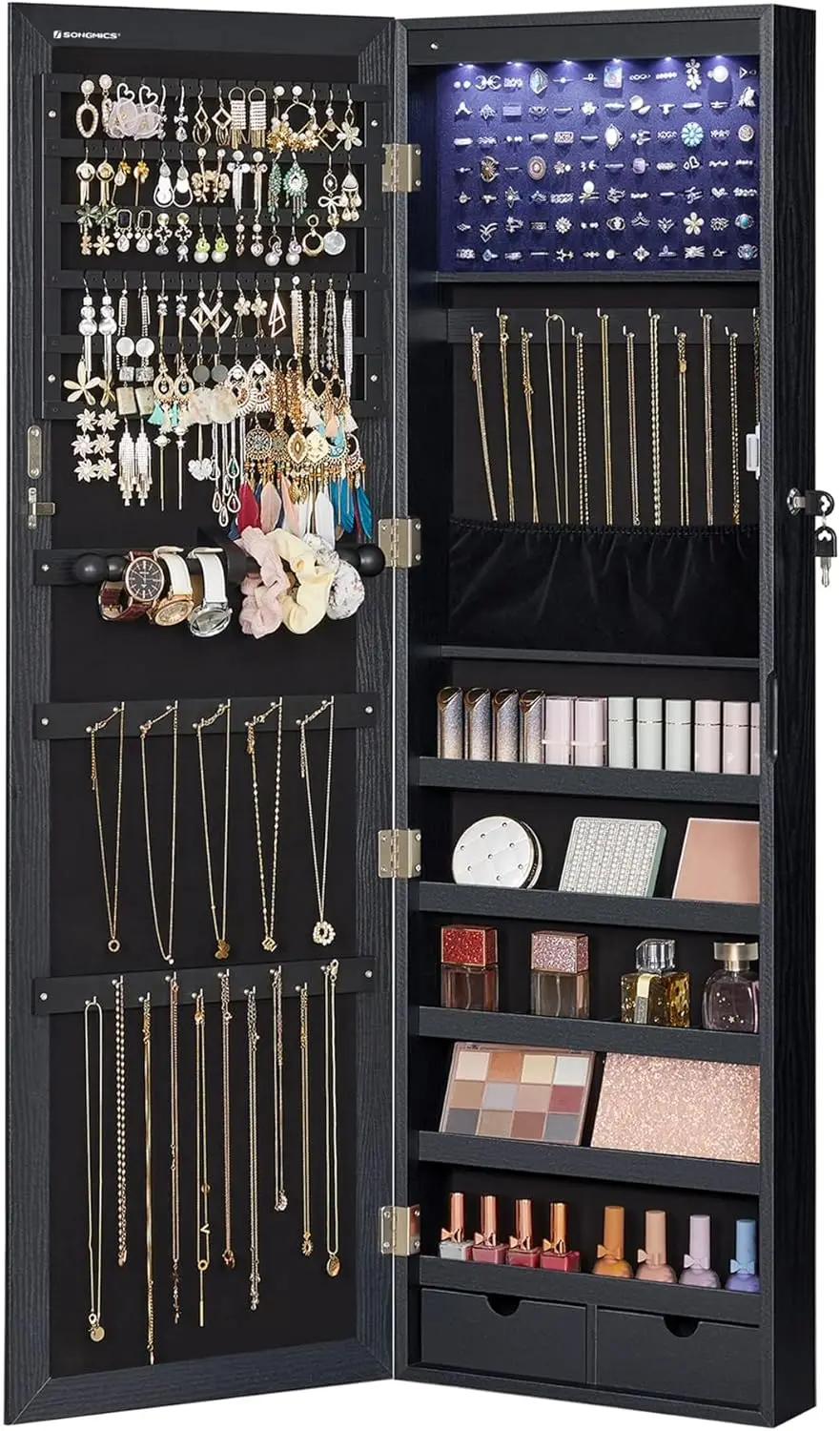 Spiegel-Schmuckschrank mit 6 LEDs, 47,2 Zoll hoher Wand- oder Türmontage-Schmuckschrank-Organizer mit Spiegel, 2 Schubladen
