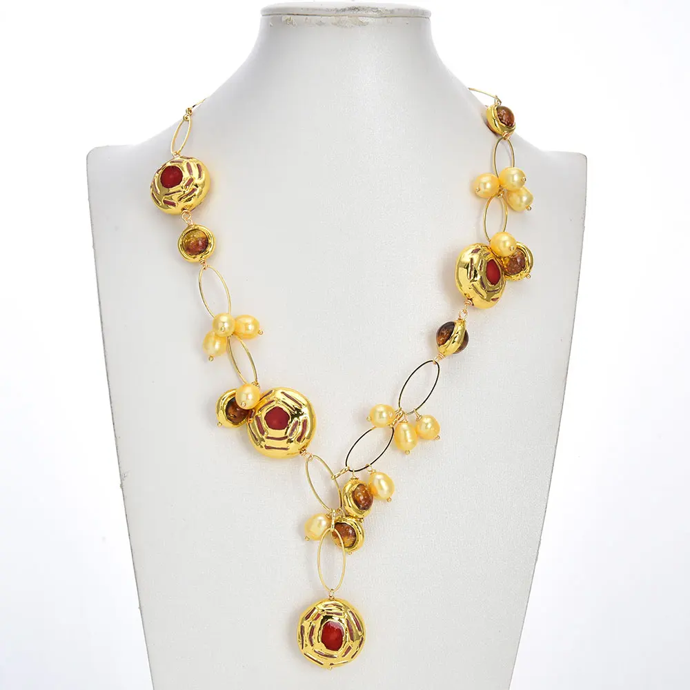 GG Freshwater Cultured Golden Rice Pearl Red Coral Electroplated Edged Beads Brown Murano Glass Chain Necklace 21