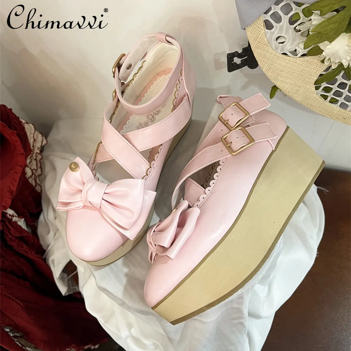 

Original Lolita Large Bow Wood-colored Platform Shoes 2026 Spring New Fashion Sweet Girls Women Princess High Heels Pumps
