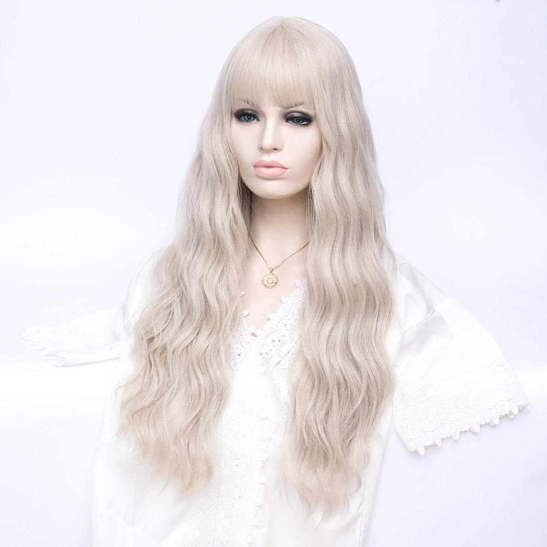 باروكة نسائية طويلة مموجة باللون البيج، شعر صناعي مقاوم للحرارة لوليتا للهالوين