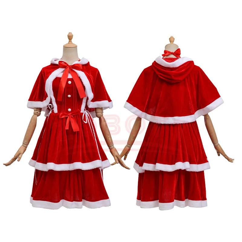 2025 عيد الميلاد تنورة تأثيري فستان عيد الميلاد ليتل الأحمر ركوب هود فستان بحزام مع شال صغير مثير الأرنب فتاة