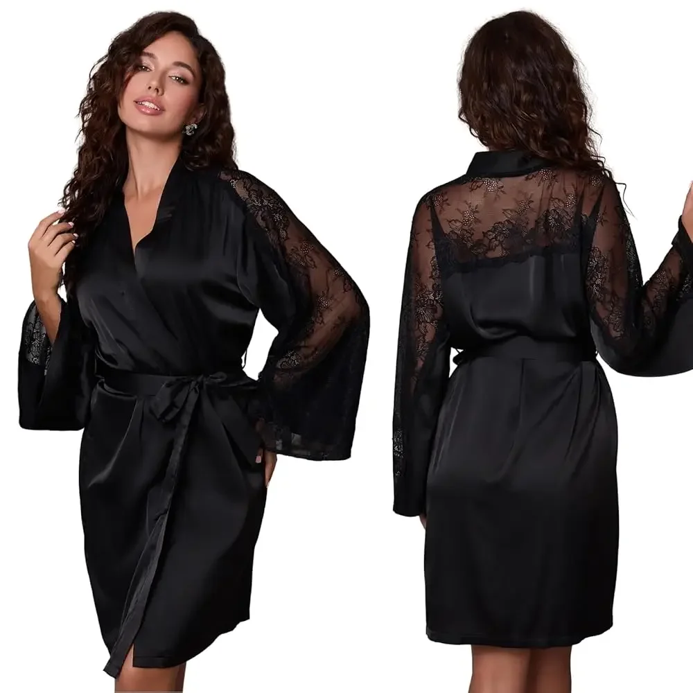 Women Lace Satin Robe Sexy Sheer Lace Splice Short Kimono Bathrobe Sleepwear for Wedding Night Honeymoon Lounge