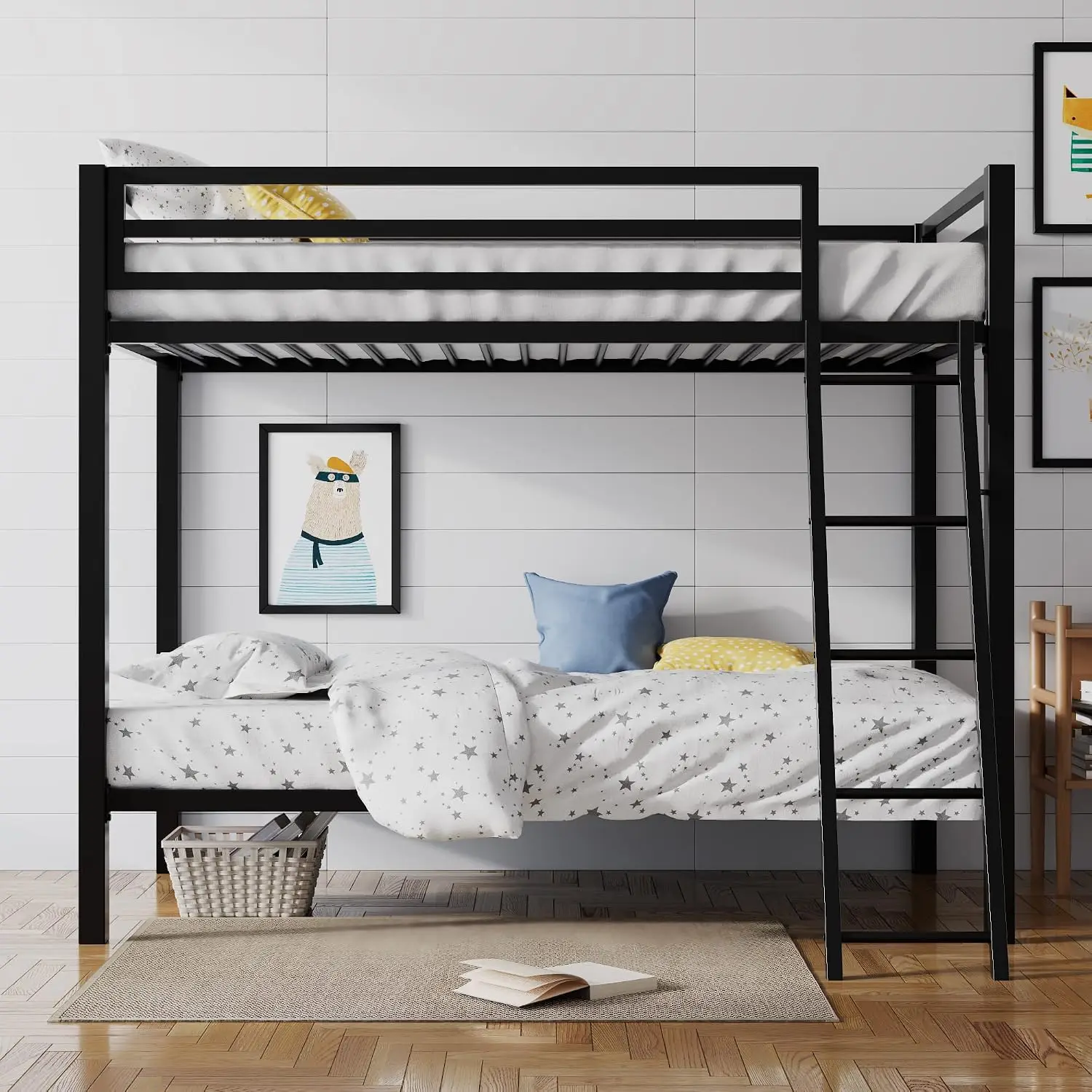 Twin Over Twin Metal Bunk Bed Frame With Integrated Ladder And Full Length Safety Guardrails, Heavy Duty Steel Slats Support, Space Saving Furniture For Bedroom Dorm Guest Room, Black, 1 Pack
