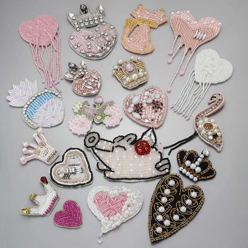 Crown Heart Star Bead Pink Patches Rhinestone Crystal Pink Motif Applique Embroidery Sew on Patches for Clothes Bag B221