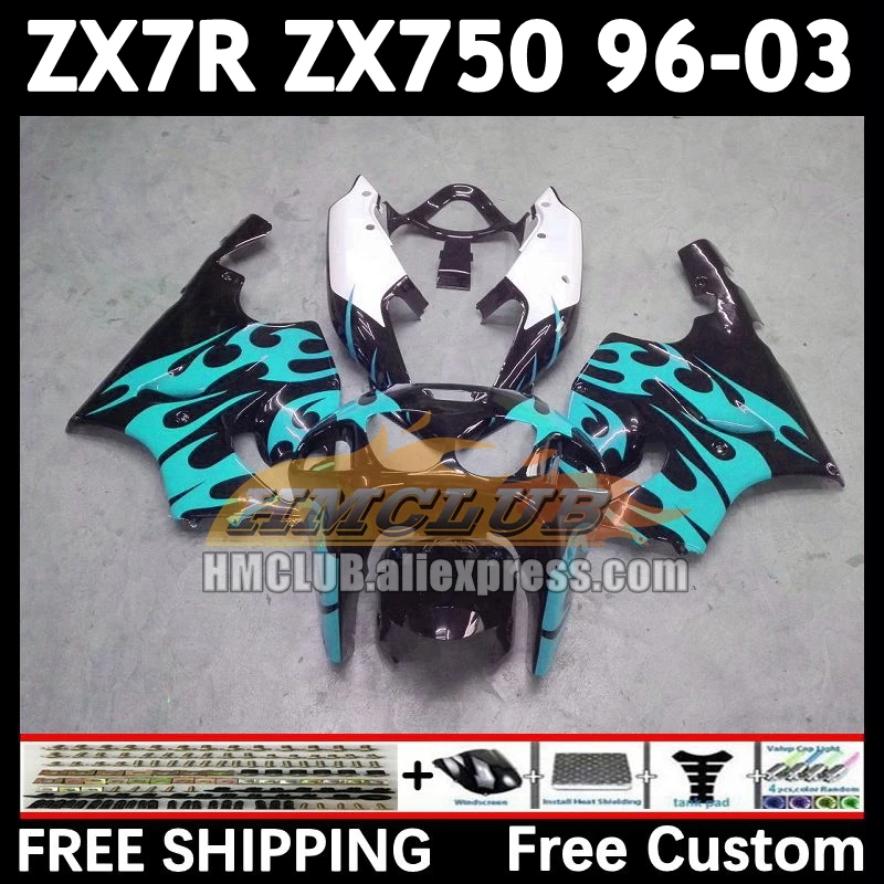 

Body Kit For KAWASAKI NINJA ZX-7R ZX-750 96 97 98 99 162No.76 ZX 7R 750 7 R ZX750 ZX7R 2000 2001 2002 cyan flames 2003 Fairing