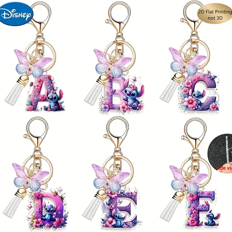 Llavero plano 2D de punto con borla de mariposa, 26 letras A-Z, llavero acrílico púrpura, regalos de fiesta de punto de dibujos animados, 1 ud.