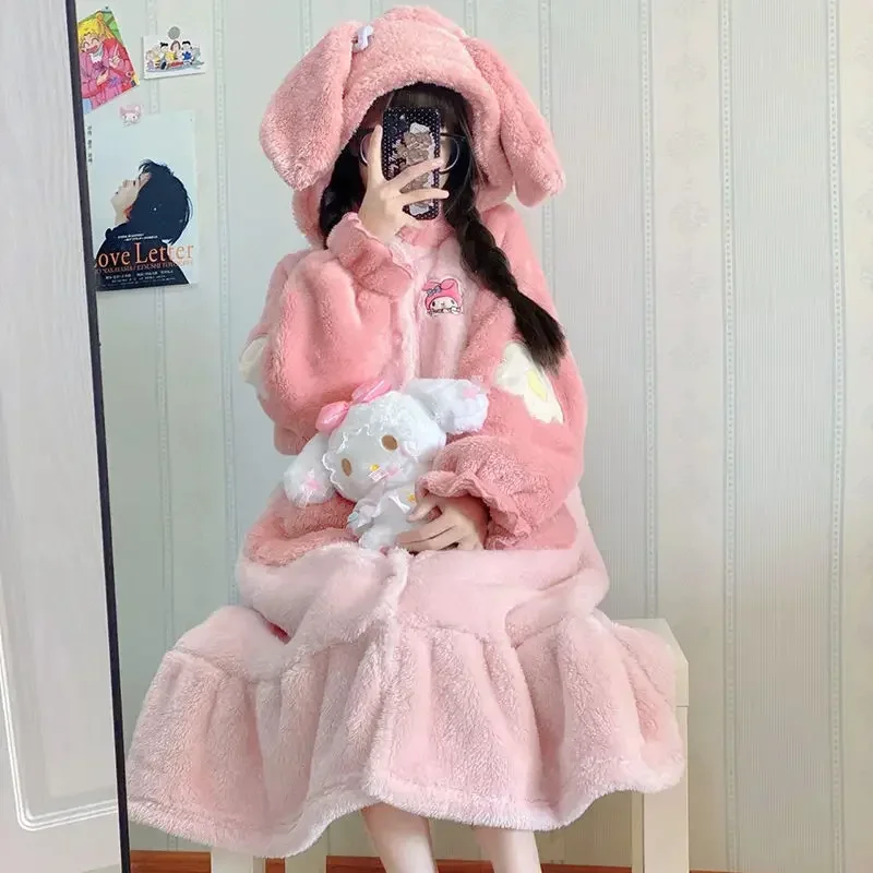 Kawaii Sanrio Winter My Melody Cute Girls Plush Pajamas Thickened Coral Velvet Pajamas Flannel Thickened Nightgown Home Clothes