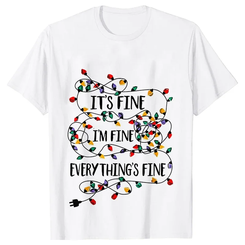 أضواء عيد الميلاد تي شيرت مطبوع ملابس النساء أنا بخير كل شيء جيد قميص قصير الأكمام س الرقبة قميص الإناث عادية تيز