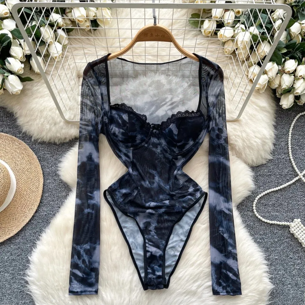 

Sexy Square Collar Lace Elegant Long Sleeves Vintage See Through Smudging Mesh Chic Bodysuits Top High Street Spring Jumpsuit