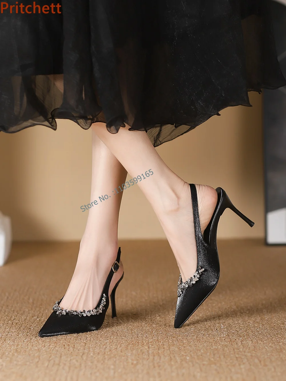 

Pointy Toe Crystal Flower Pumps Thin Heels Buckle Strap Slingback Stiletto Shoes Solid Black French Style Elegant Dress Shoes