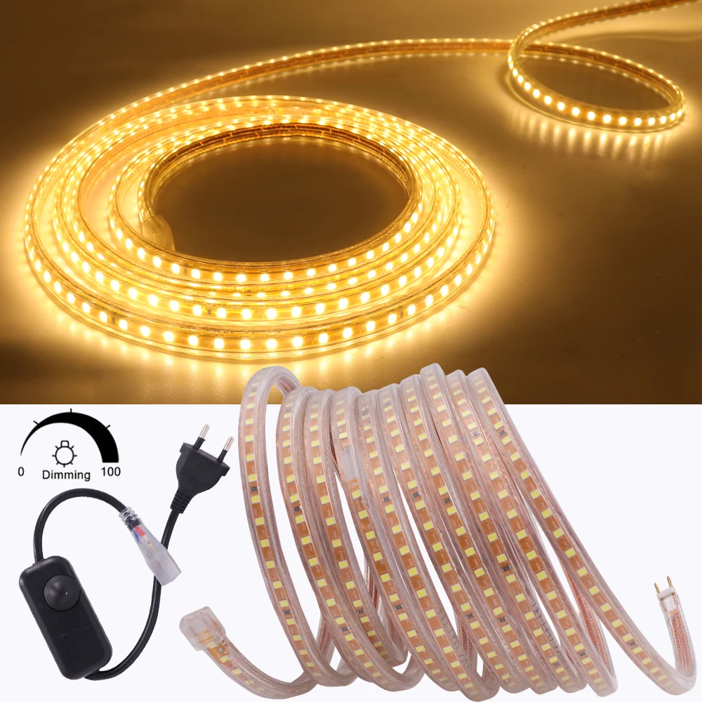 

Светодиодная лента 220В 2835, 120 светодиодов/м, с регулировкой яркости, синяя, теплая белая, высокая яркость, водонепроницаемая, гибкая, для дома и спальни, с вилкой стандарта ЕС