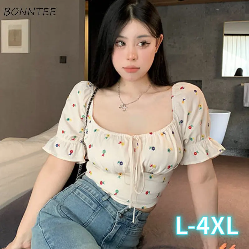 Floral Blouses Women L-4XL Hotsweet Vintage Casual Square Collar New Korean Style Girlish Gentle Graceful Summer Popular Tops