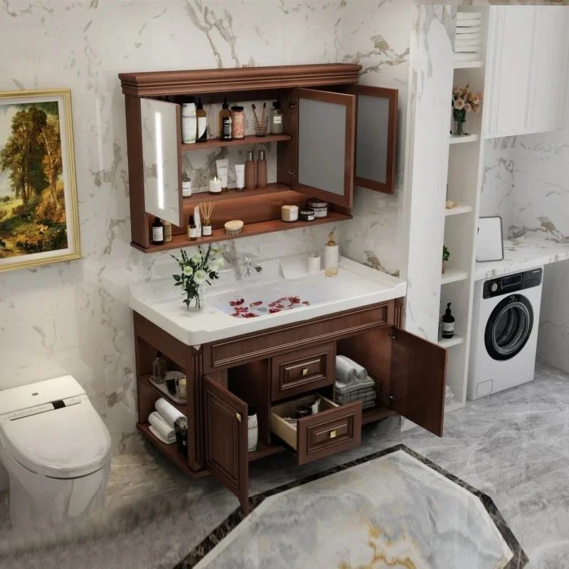 American smart bathroom cabinet wall-mounted solid wood bathroom hand wash basin cabinet mirror view 6