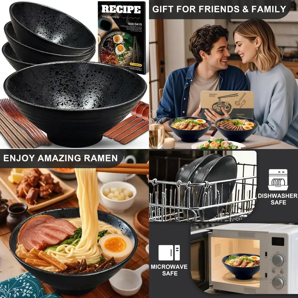 

Большой фарфоровый набор мисок для рамэна — 4-компонентные сервировочные миски для лапши, салата, хлопьев, макарон и супа в японском стиле с руководством по рецептам