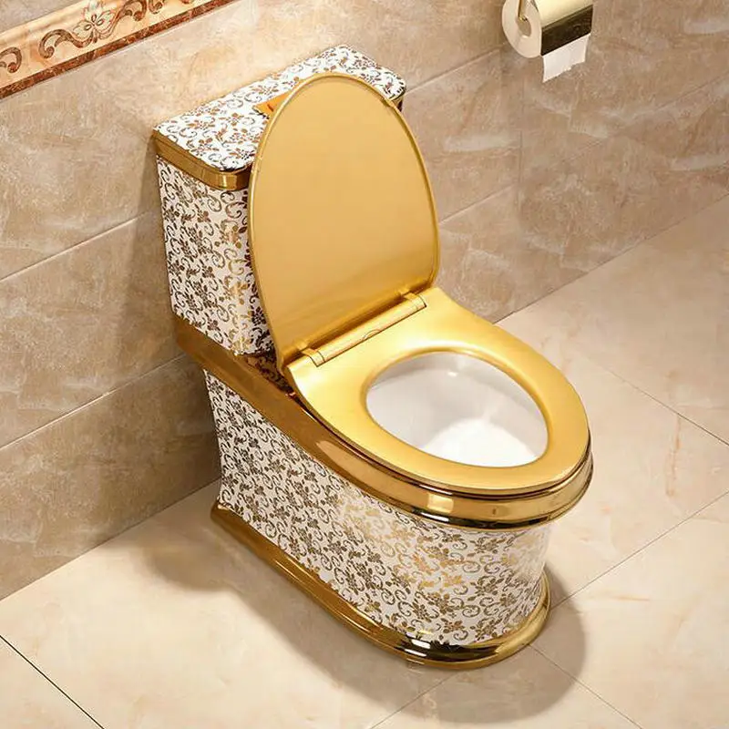 Artistic Golden One Piece Closestool Cyclone Fluishing S-Trap Floor Mounted Luxious Villa Bathroom Seat Toilet