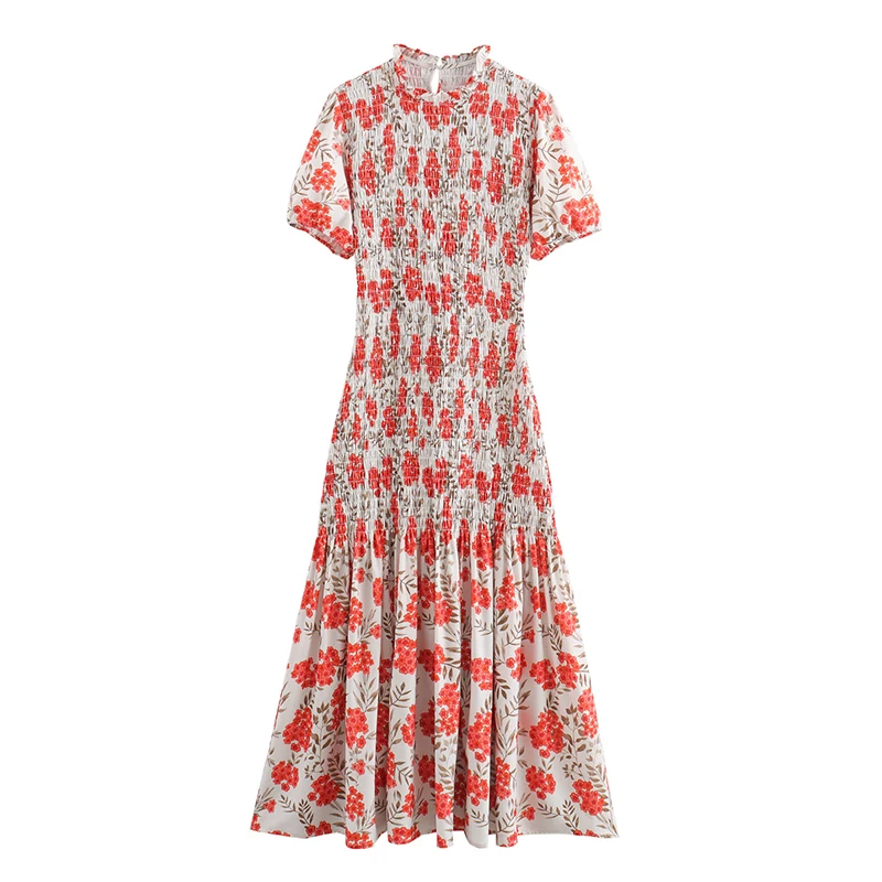 

YENKYE Vintage Floral Print Elastic Long Dresses Women Short Sleeve O Neck Summer Vestidos Female Casual Holiday Party Dress