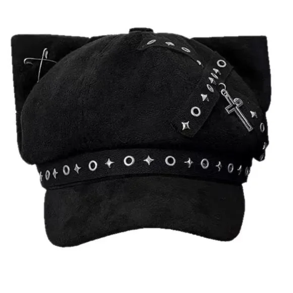 Y2K Alt Streetwear Cat Ear Octagonal Beret Hat 3D Cat Ear Metal Cross Charm Star Eyelet Belt Detail Punk Gothic Style Newsoy Cap