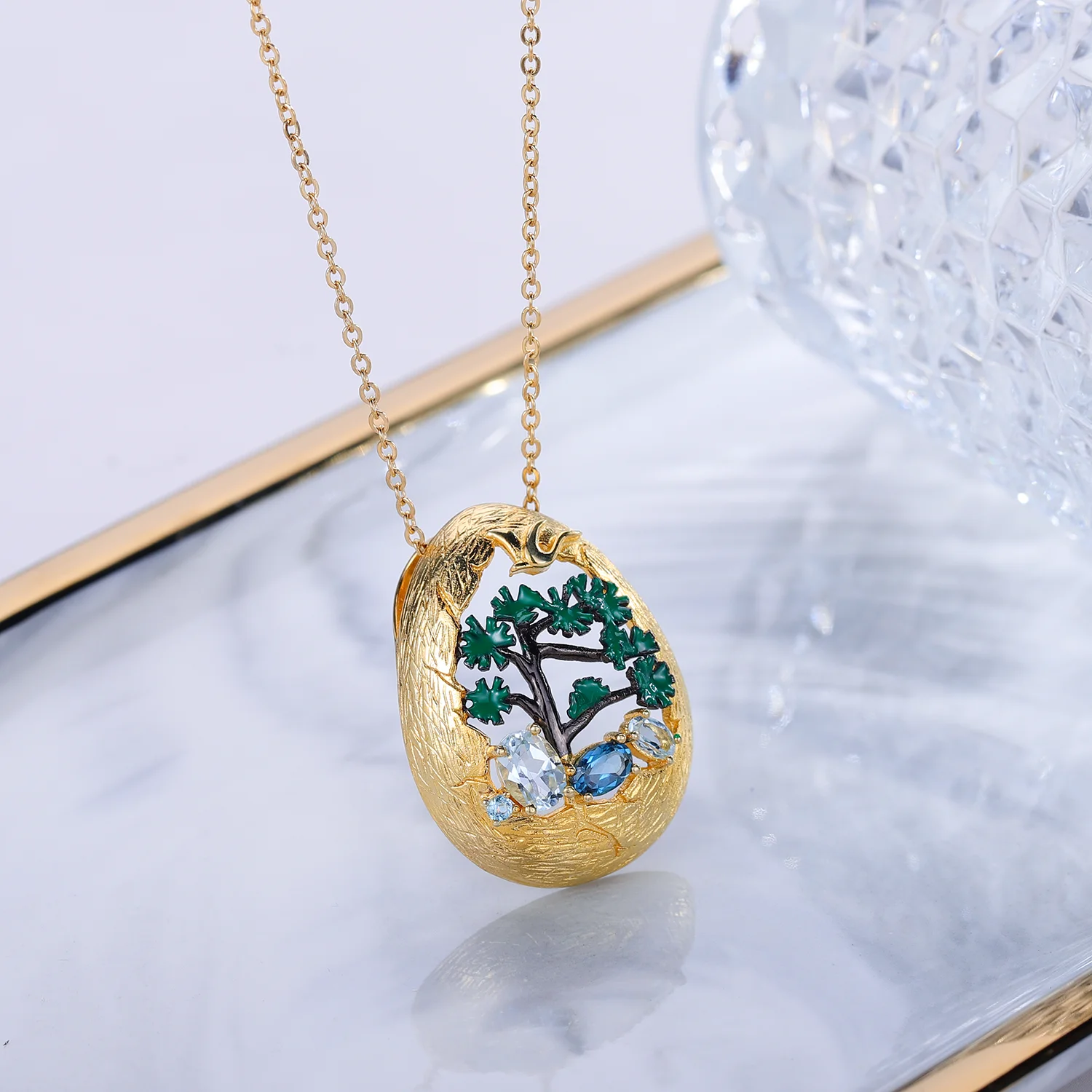 GEM'S BALLET 925 Silver Gold Plated Two Tone Handmade Enamel Craft Natural Mixed Gemstone Womans Statement Pendant Necklace