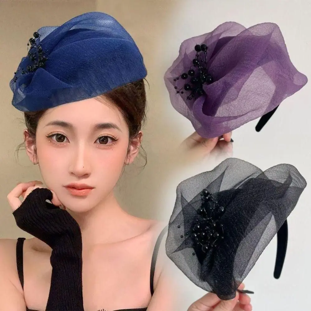 Fashion Plastic Beaded Mesh Hairband Hair Accessories French Mesh Veil Fascinator Hat Dinner Party Hairband Bead Yarn Half Hat
