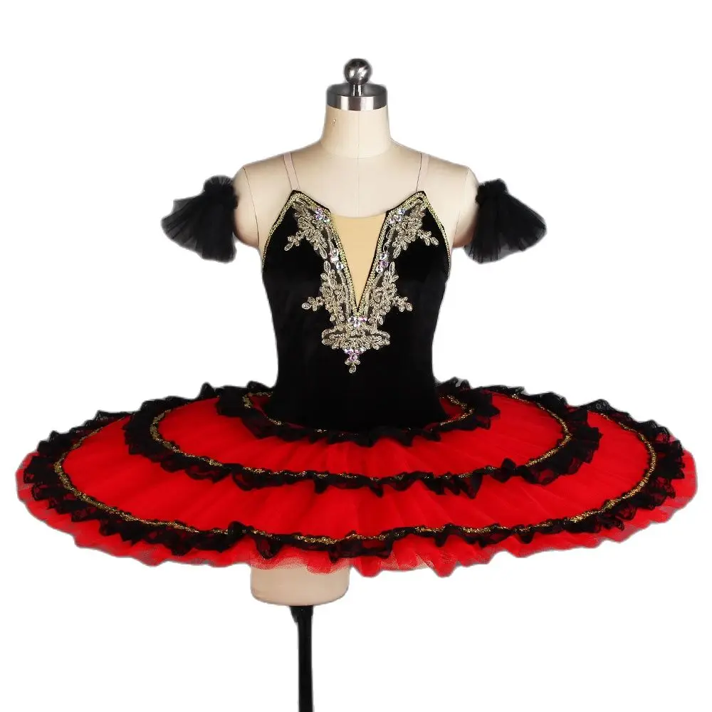 Adult Girls Red Spanish Dress Professional Ballet Dance Tutus Black Stretch Velvet Bodice with Tiered Pancake Tutus BLL408