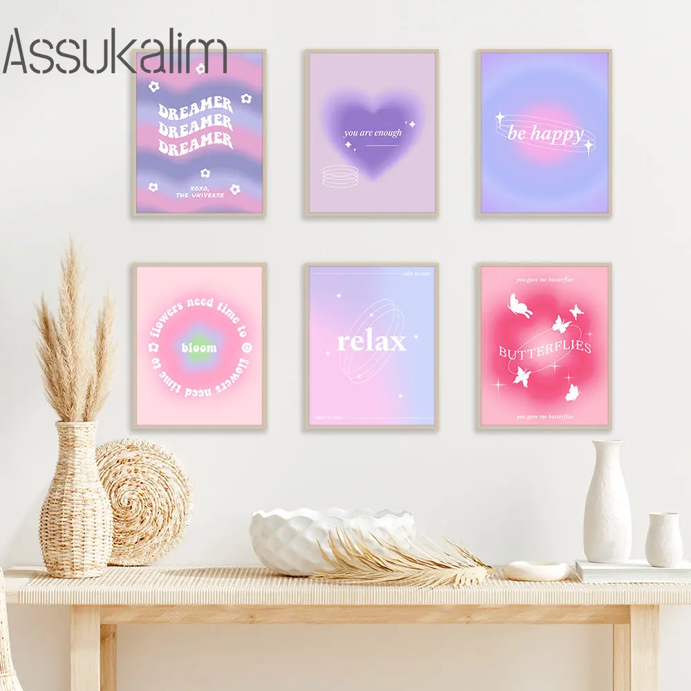 Abstract Canvas Poster Dreamy Gradient Art Prints Heart Wall Posters Butterflies Wall Pictures Nordic Posters Living Room Decor