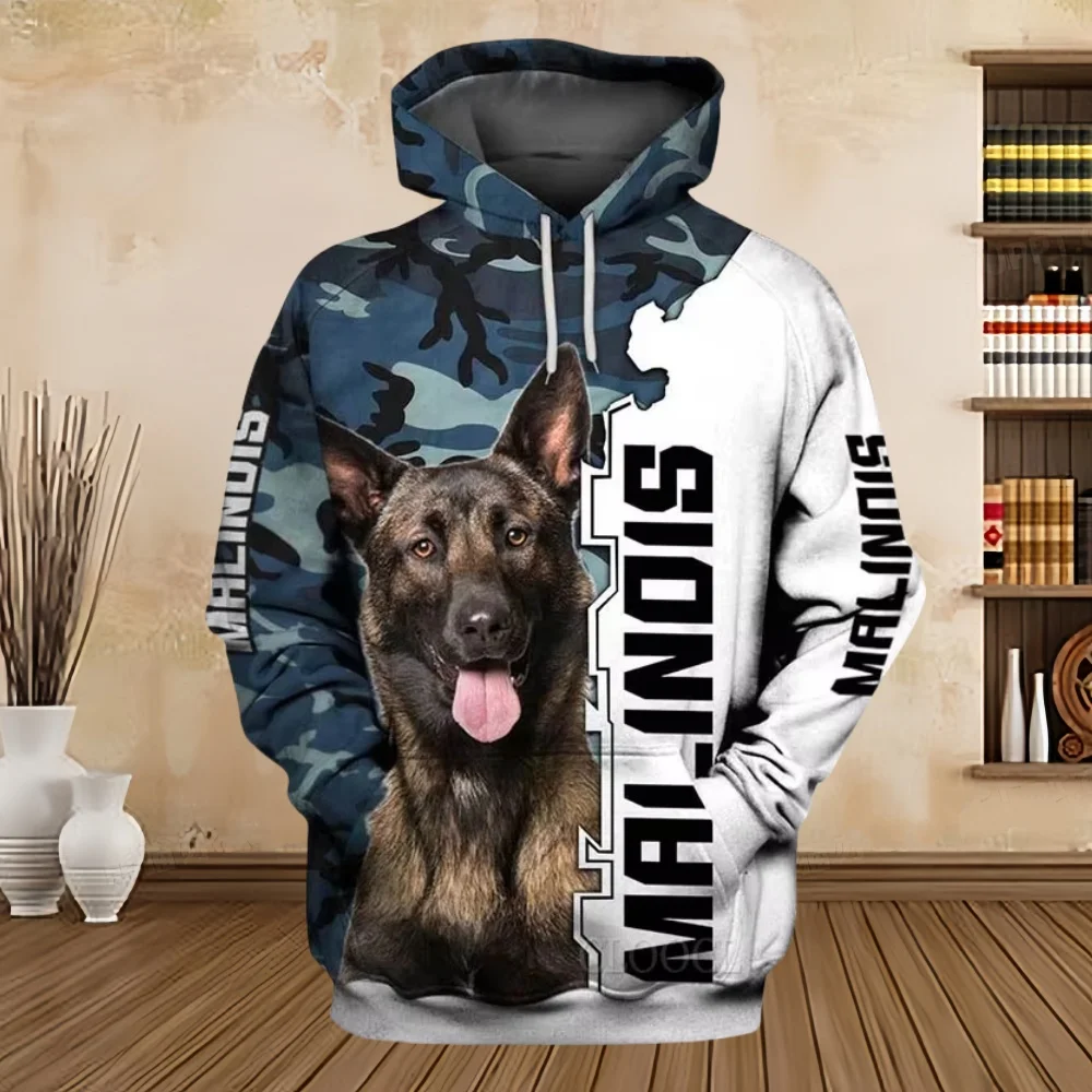 Sudaderas con capucha nuevas con estampado 3D de cinta plateada, sudaderas con animales para perros, Malinois belga, ropa deportiva informal Harajuku, 2024