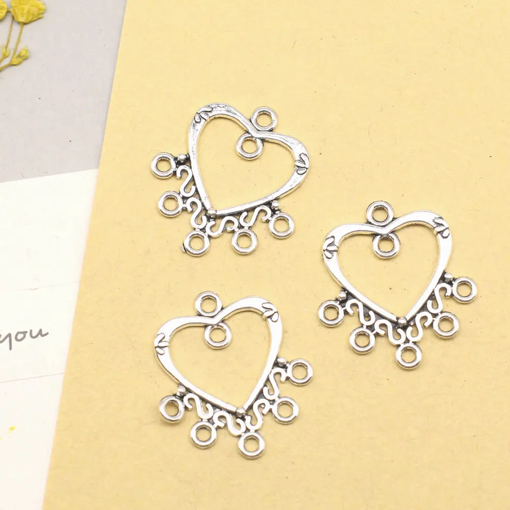 Love Heart Earring Connector Jewellery Making Pendants Accessori For Woman Women Jewelry 22x25mm 10pcs Antique Silver Color