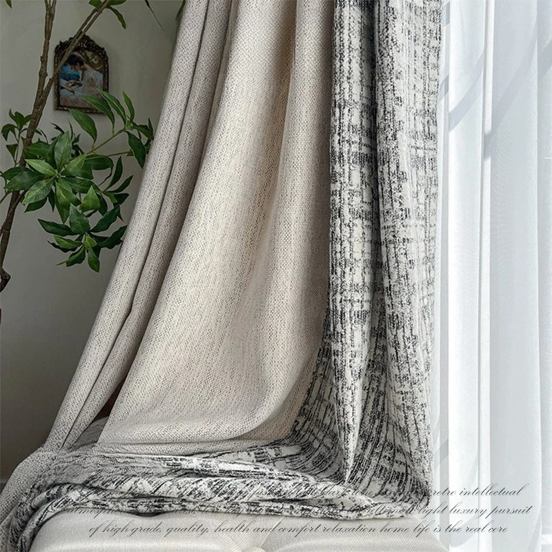 

French High-end Black and White Gray Curtains for Living Room Bedroom Modern Simple Minimalist Splicing Window Decor Custom Size