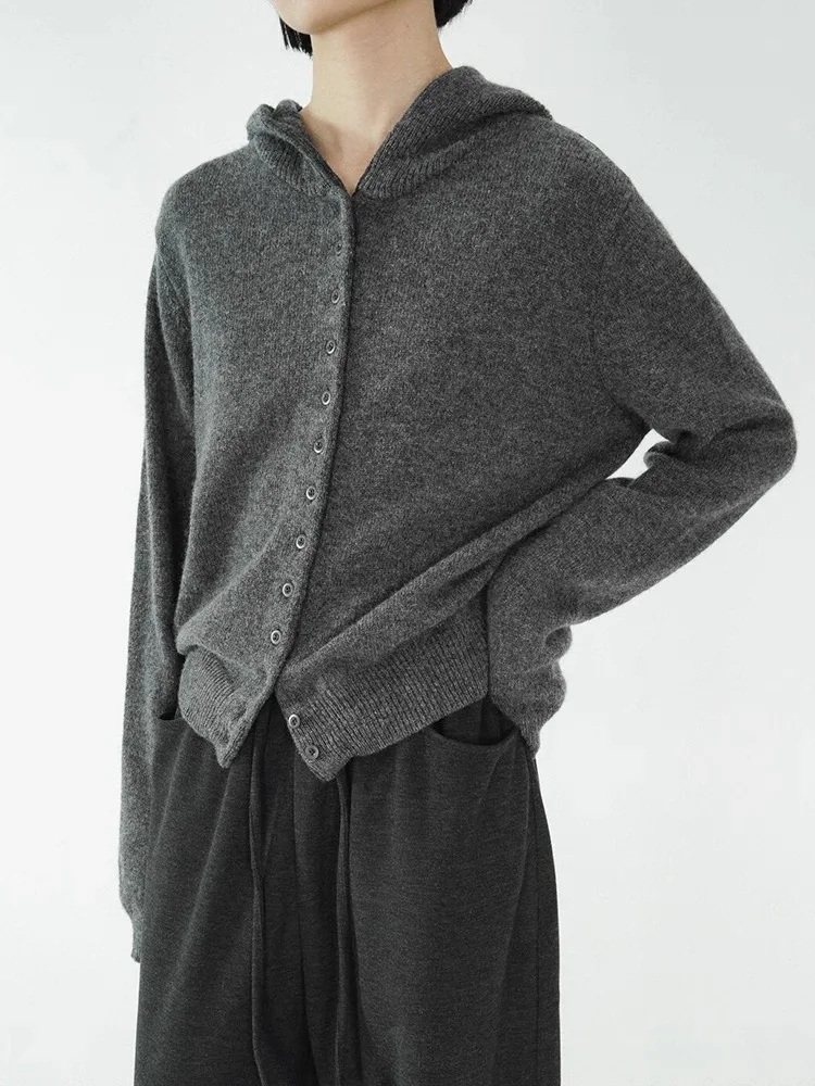 Podzim/zima 2025 nový dámský kardigan s kapucí, 100% čistý kašmírový svetr, evropská silná podzimní pletená bunda s kapucí - náhled 5