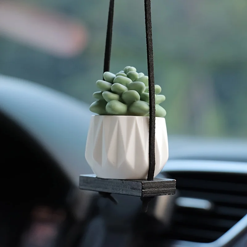 Mini Macrame Plant Hanger Rear View Mirror Car Cactus Charm Decorations Boho Hanging Plant Holder, Tiny Car Succulent Gifts for