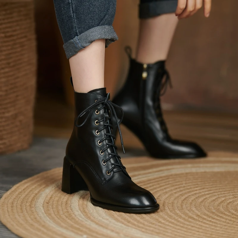 2023 Classic Women Ankle Boots Mature Thick High Heels Round Toe Office Lady Cross-Tied Genuine Leather Shoes Woman Basic Boots