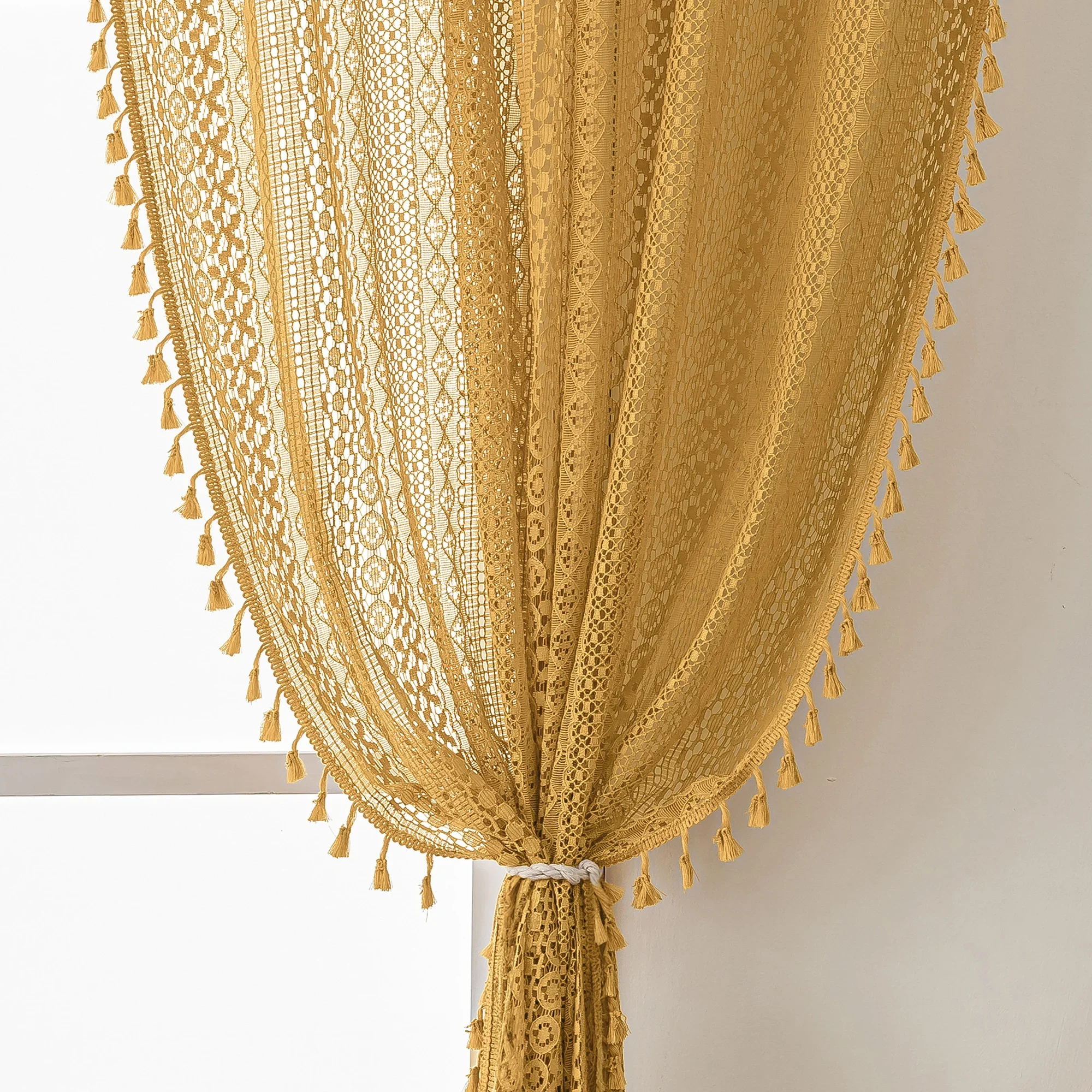 Boho Curtains for Living Room Lace Curtains  Long 2 Panel, Rod Pocket Vintage Tassel Bohemian Decor Geometry Striped Light Filte
