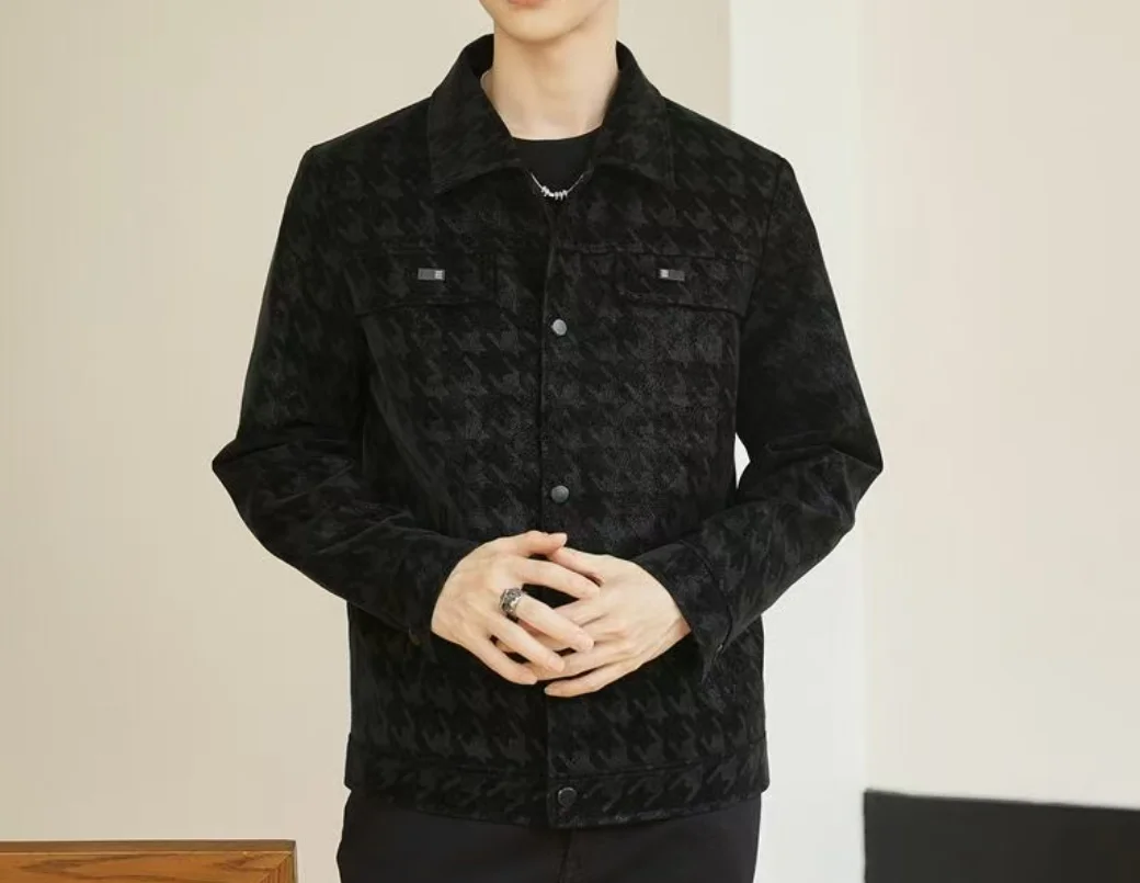 Houndstooth Business Men's Leather Jacket Pu Lapel Multi-Flap Pocket Pants