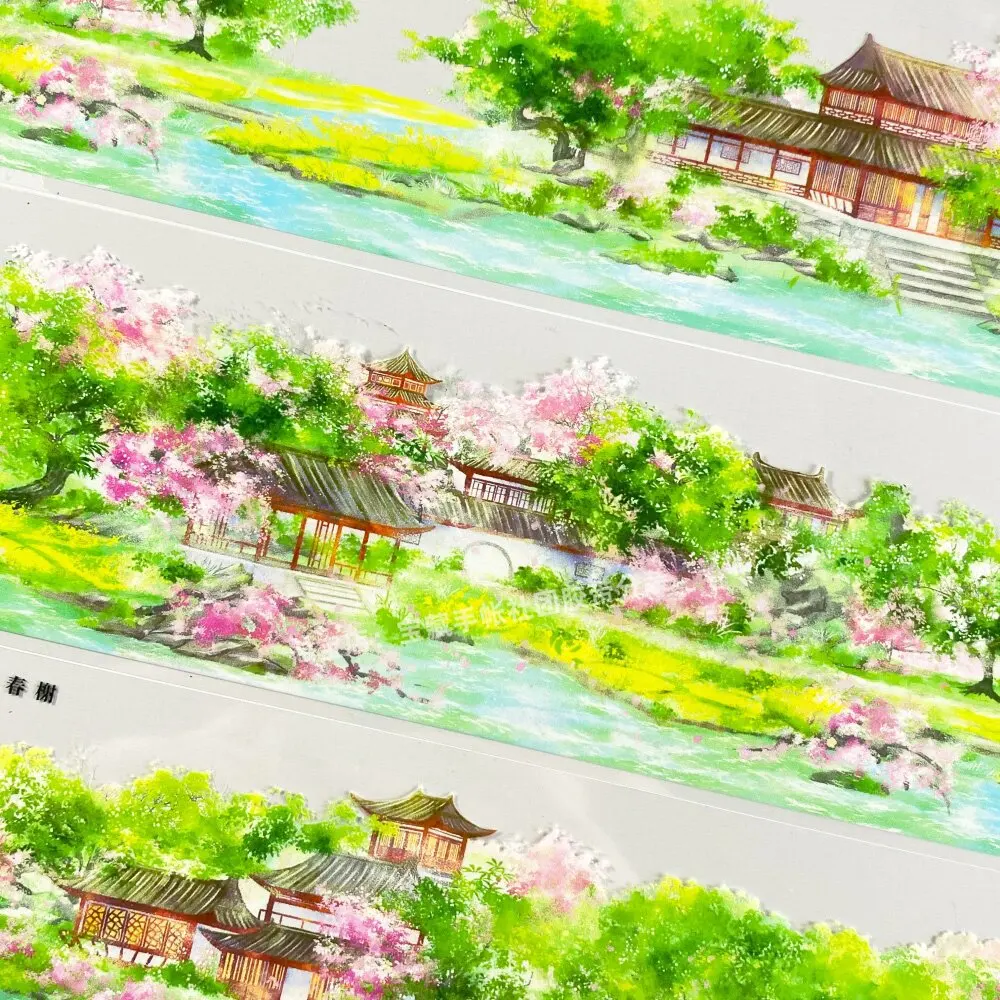 Vintage Chinese Style Peach Stream Courtyard Washi Tape Roll PET Sticker for Journaling Scrapbooking DIY Flowing Resin Sha