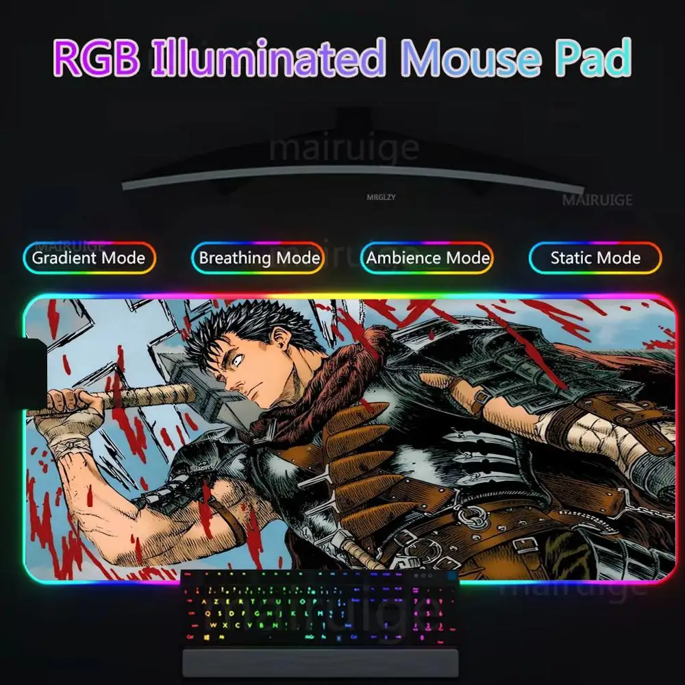 berserk Mouse Pad Gamer Rgb Desk Mat Back Light Led Mousepad Setup Gaming Accessories Deskmat Big Mousepepad Backlight